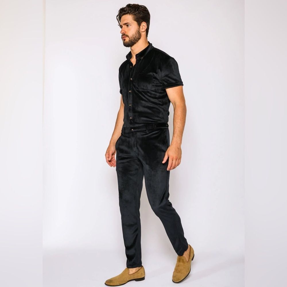 Romper Jack Mens Velvet Jumpsuit Belted Button Up Short Sleeve Black XL